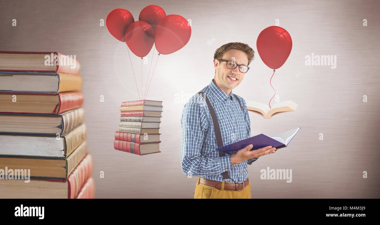 Uomo che indossa occhiali con floating libri su palloncini surreale Foto Stock