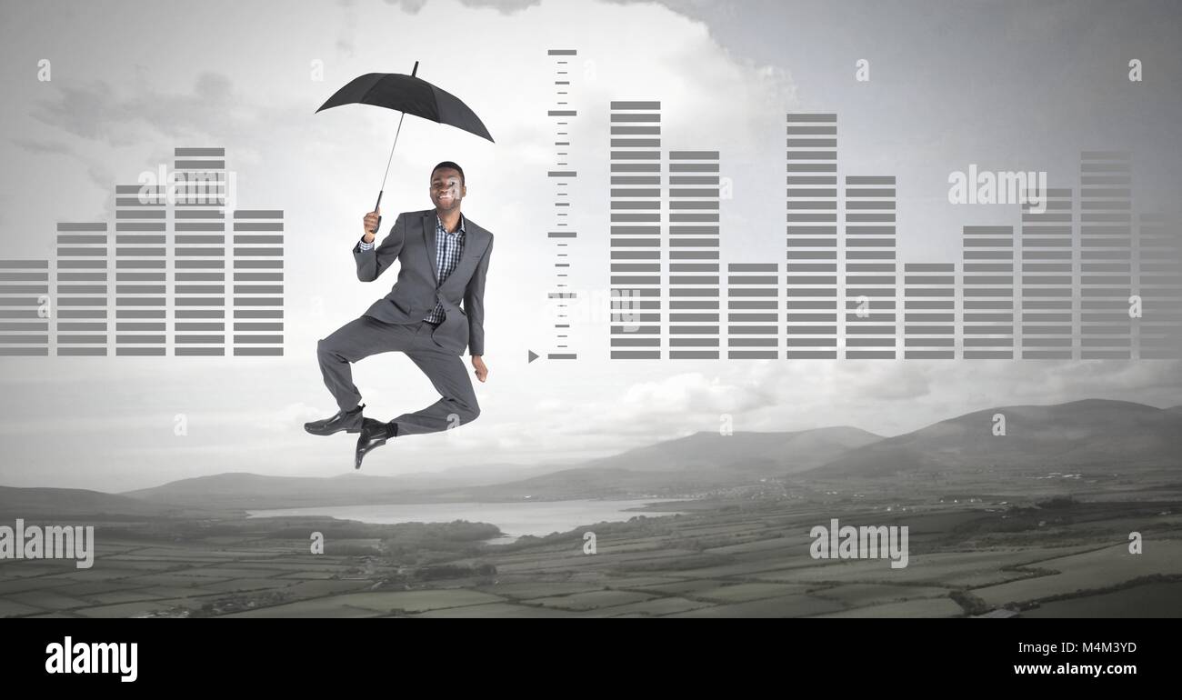 L'uomo flottante con ombrellone e grafici a barre sulla natura paesaggio Foto Stock