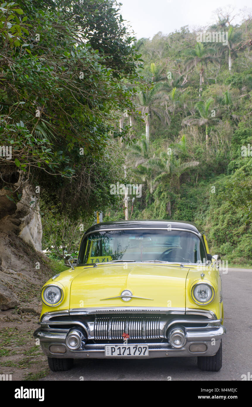 Jibacoa Cuba - 30 Gennaio 2018: Giallo Taxi cubano nella foresta tropicale impostazione Foto Stock