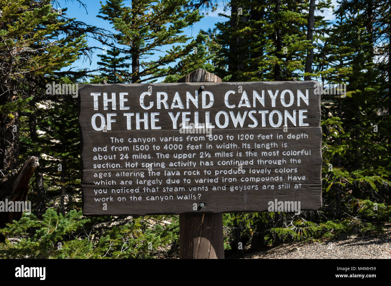 Informazioni segno per il Grand Canyon di Yellowstone. Parco Nazionale di Yellowstone, Wyoming USA Foto Stock