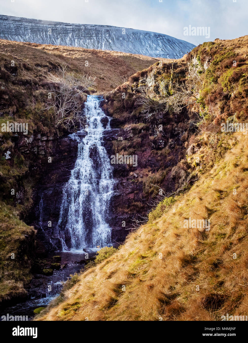 Cascata del Nant y Llyn stream sorgente del fiume Tawe in Brecon Beacons del Galles del Sud con ventola Hir a distanza Foto Stock