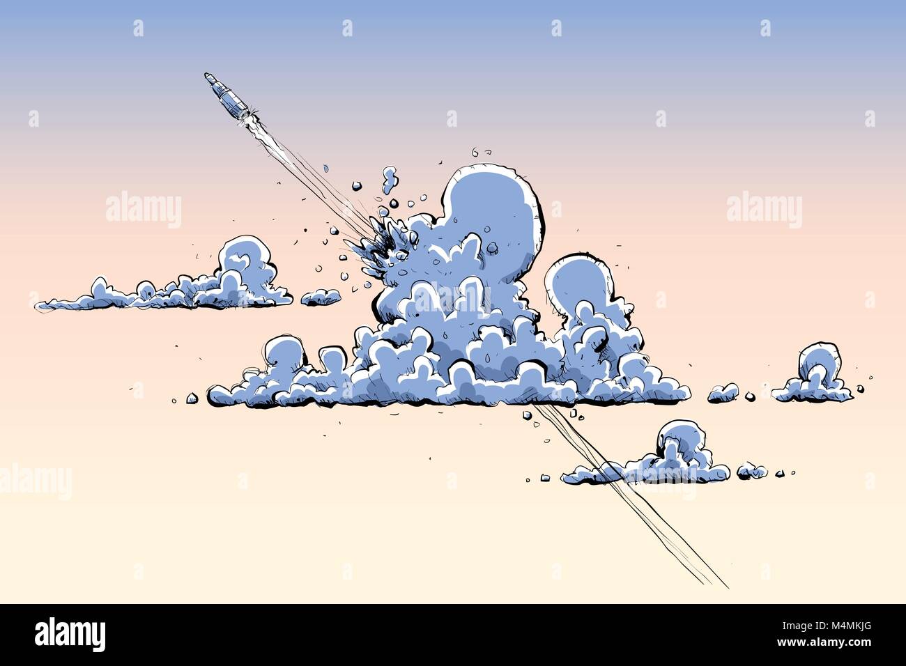 Lancio di un razzo cartoon vola attraverso le nuvole. Illustrazione Vettoriale