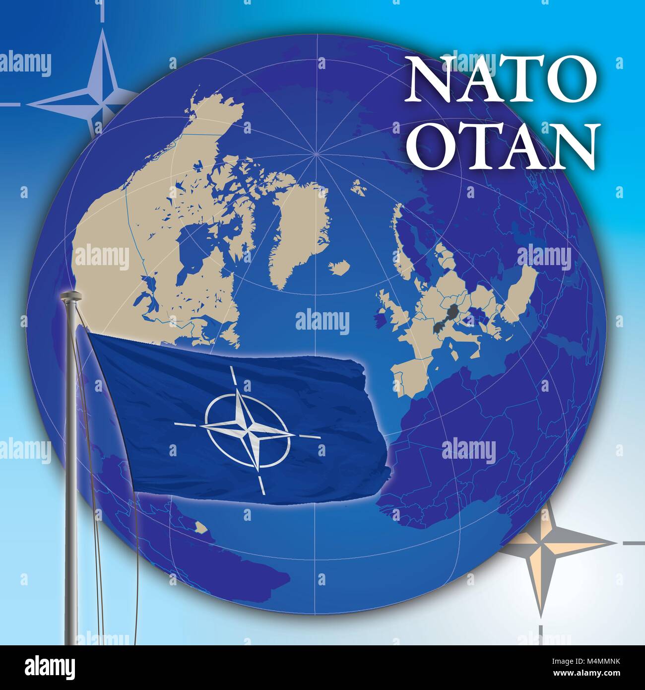 Organizzazione della Nato bandiera e la mappa del globo, illustrazione vettoriale Illustrazione Vettoriale