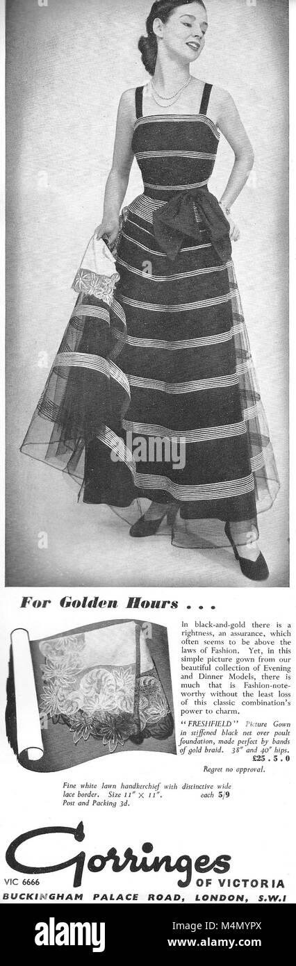 Gorringes golden ore donne moda abbigliamento annuncio, pubblicità nel paese di vita magazine UK 1951 Foto Stock