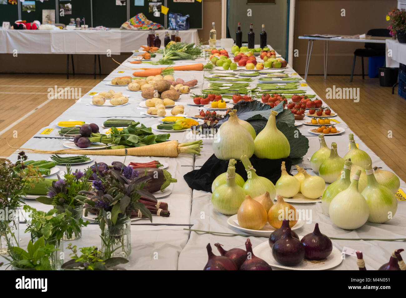 Ampia varietà di frutta fresca e verdura voci visualizzate su tavole, in concorso al giardinieri' Show - Burley in Wharfedale, West Yorkshire, Inghilterra, Regno Unito. Foto Stock