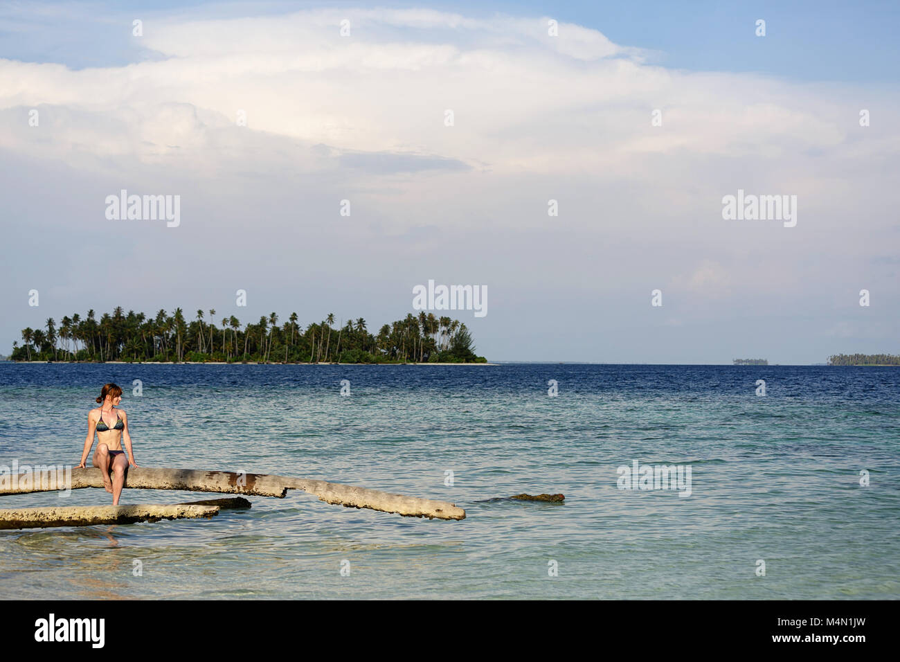 Donna occidentale in bikini seduto su un caduto Palm tree su acque turchesi su una bella sabbia spiaggia tropicale con piccola isola idilliaca nella parte posteriore Foto Stock