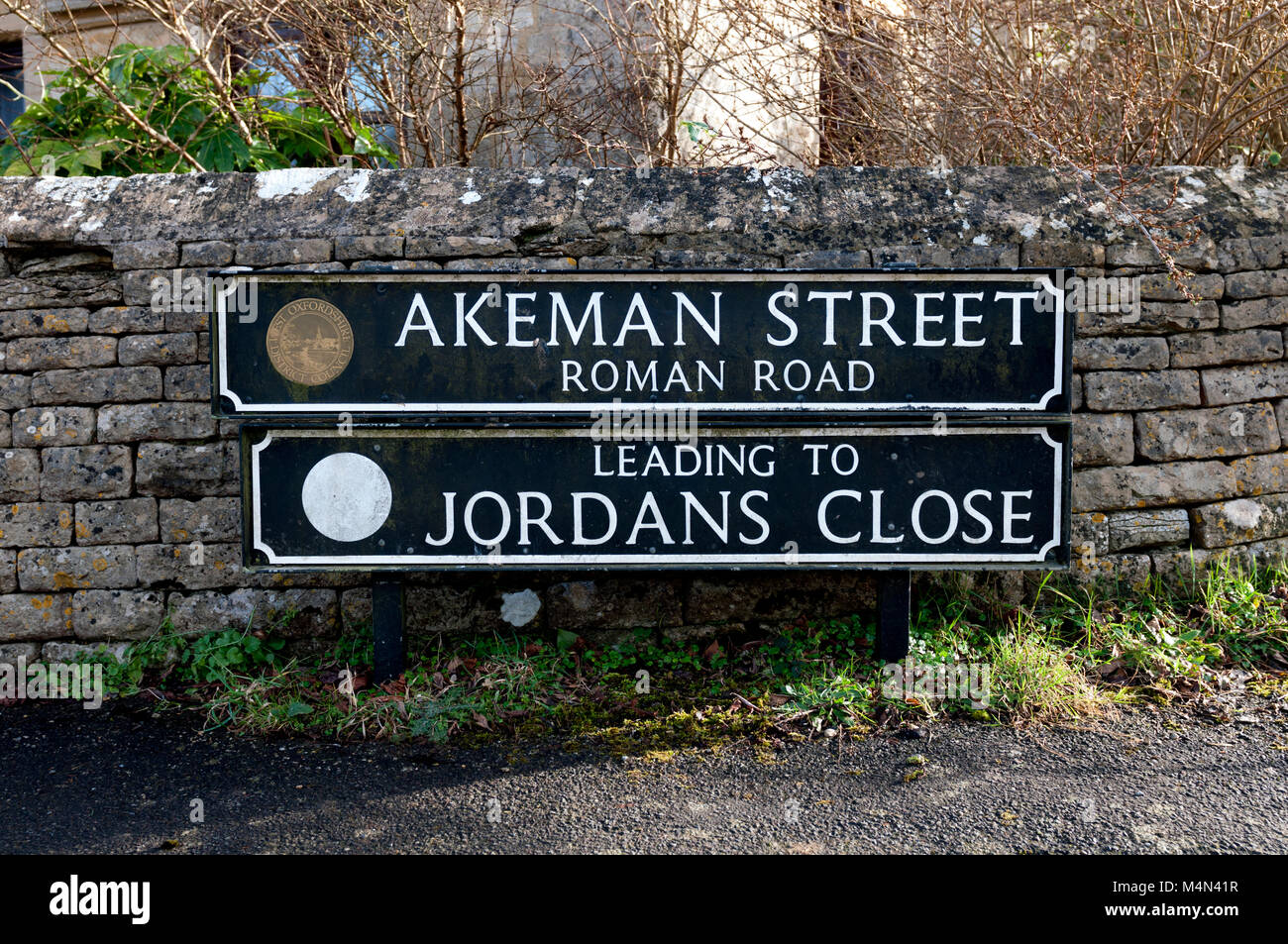 Akeman Street segno, Ramsden, Oxfordshire, England, Regno Unito Foto Stock