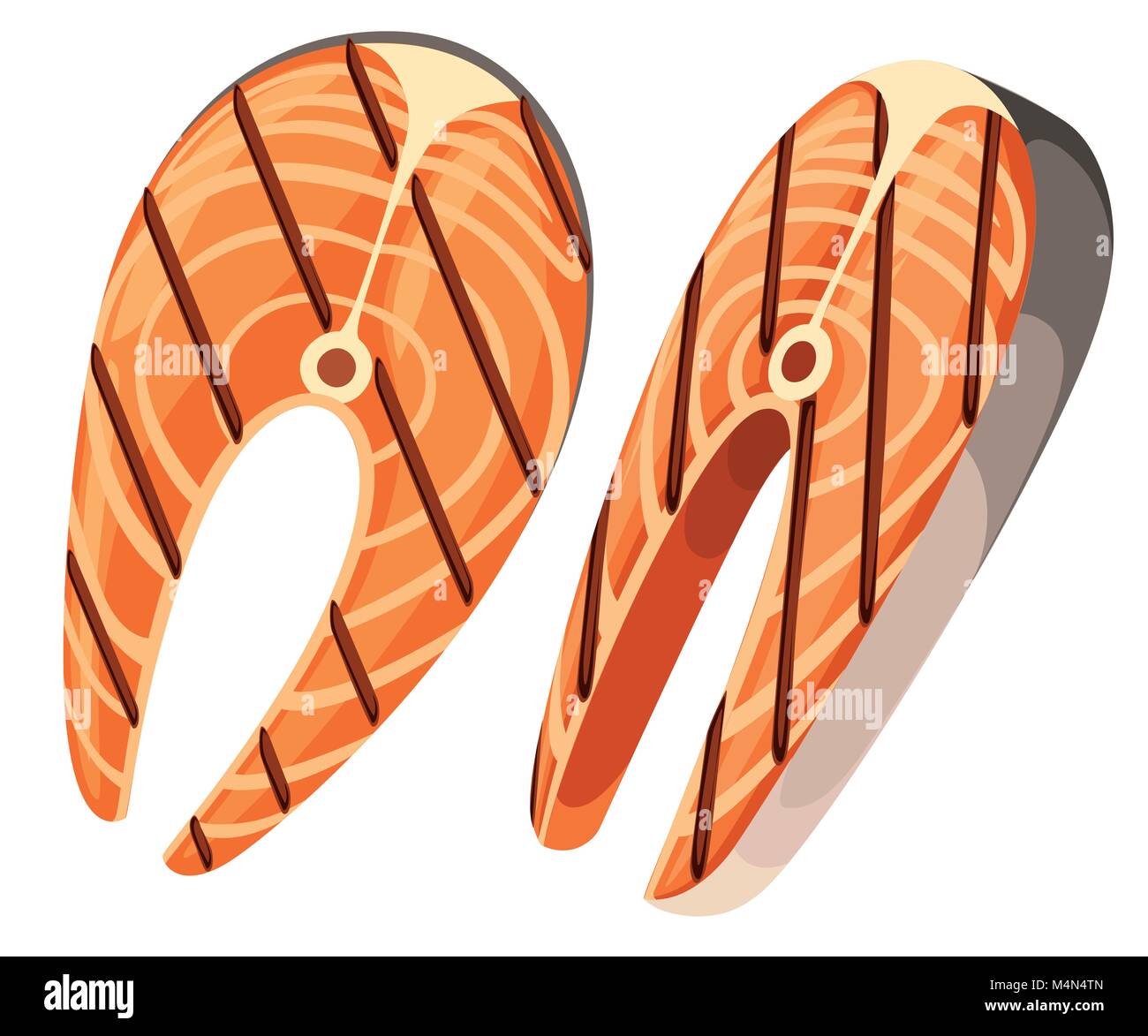 Due pezzi di salmone alla griglia bistecche illustrazione vettoriale isolati su sfondo bianco pagina del sito web e mobile app design. Illustrazione Vettoriale