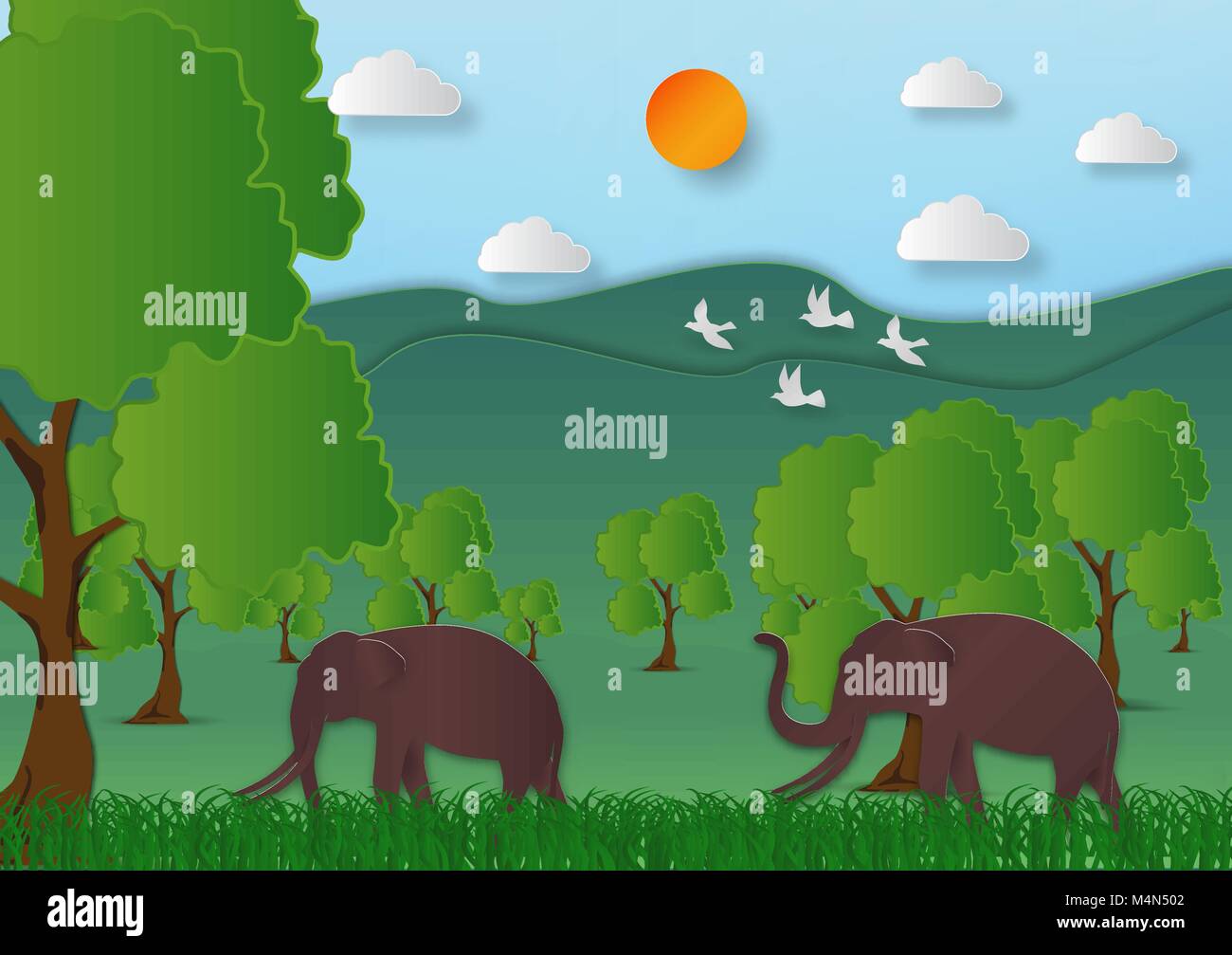 Carta stile di arte del paesaggio con elephant mountain e albero in natura ecologia idea astratta, sfondo illustrazione vettoriale Illustrazione Vettoriale