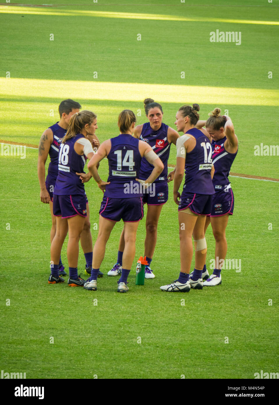 AFL Fremantle Football Club donne squadra giocando contro Collingwood davanti a un record di presenze a Optus Stadium, Perth, WA, Australia. Foto Stock