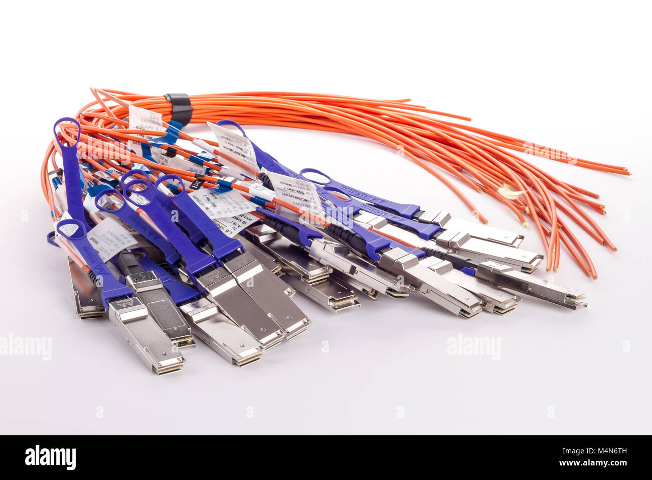 Mazzo di cavi a fibra ottica, isolato su sfondo bianco. Foto Stock