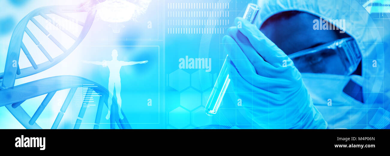 Immagine composita di blu elica di DNA con sfondo medicale Foto Stock