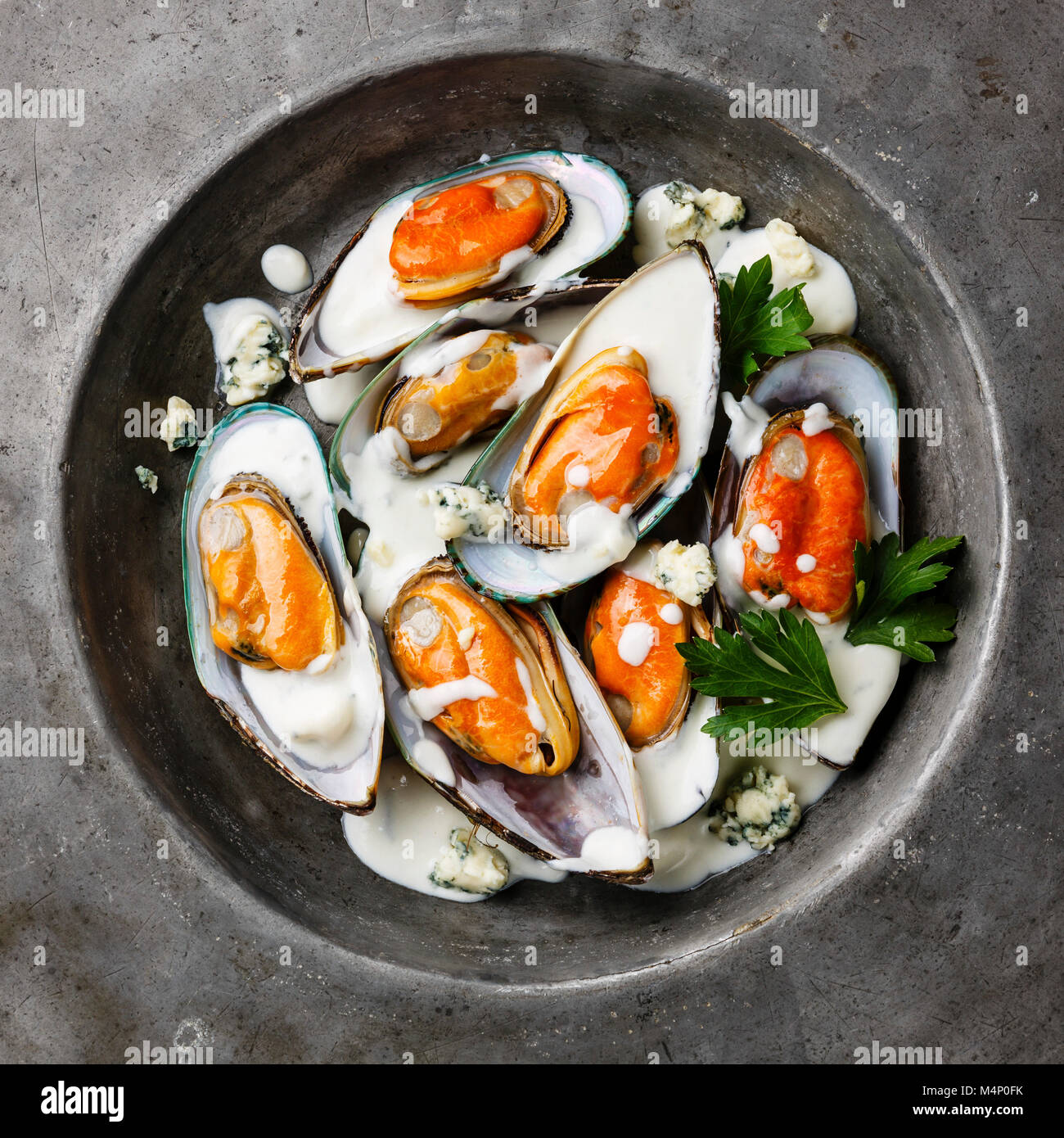 Molluschi cozze vongole sulla piastra blu con salsa di formaggio di close-up Foto Stock