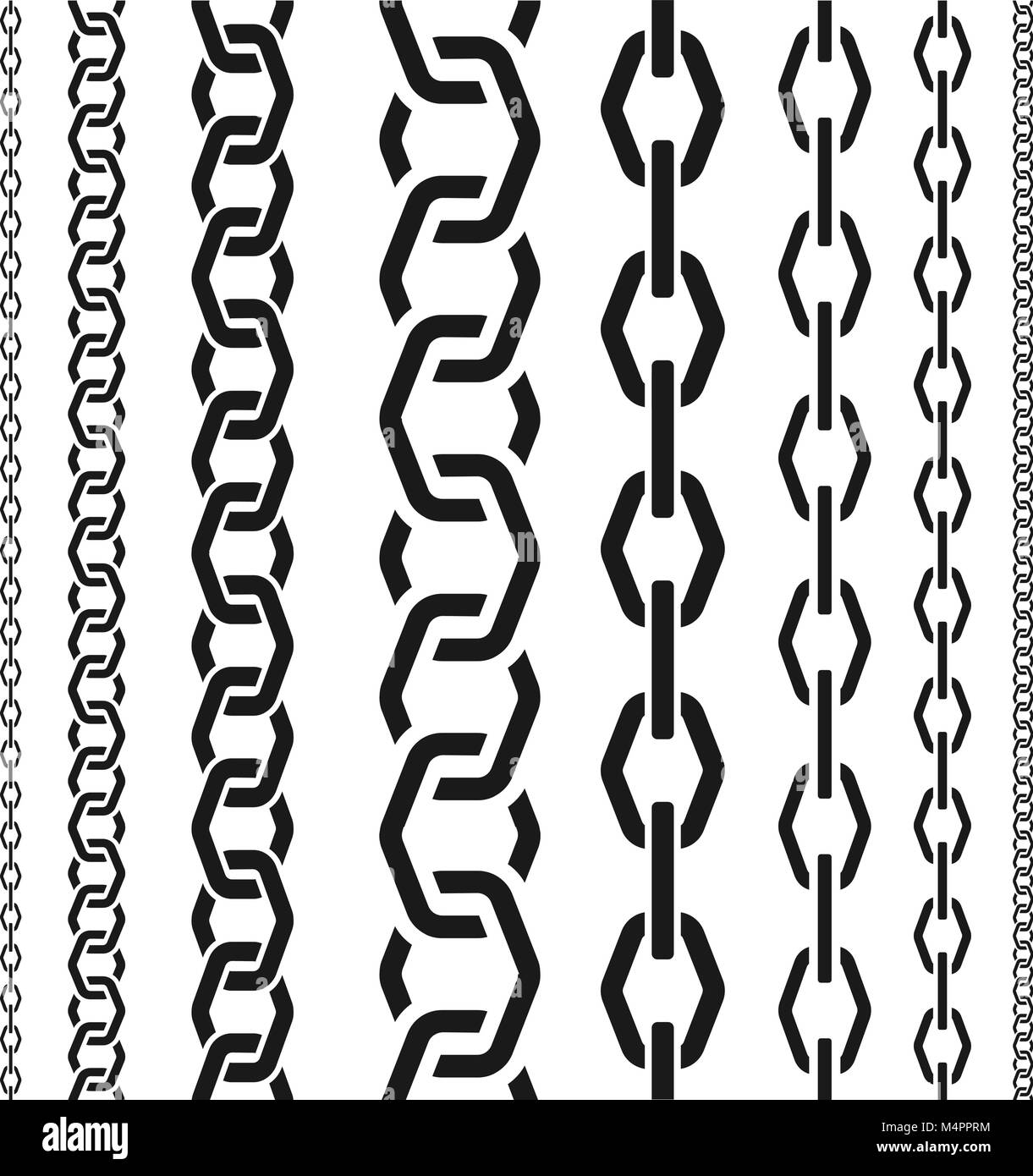 Set di catene di diversa scala, inusuale forma poligonale, seamless pattern verticale, silhouette nera illustrazione vettoriale. Illustrazione Vettoriale