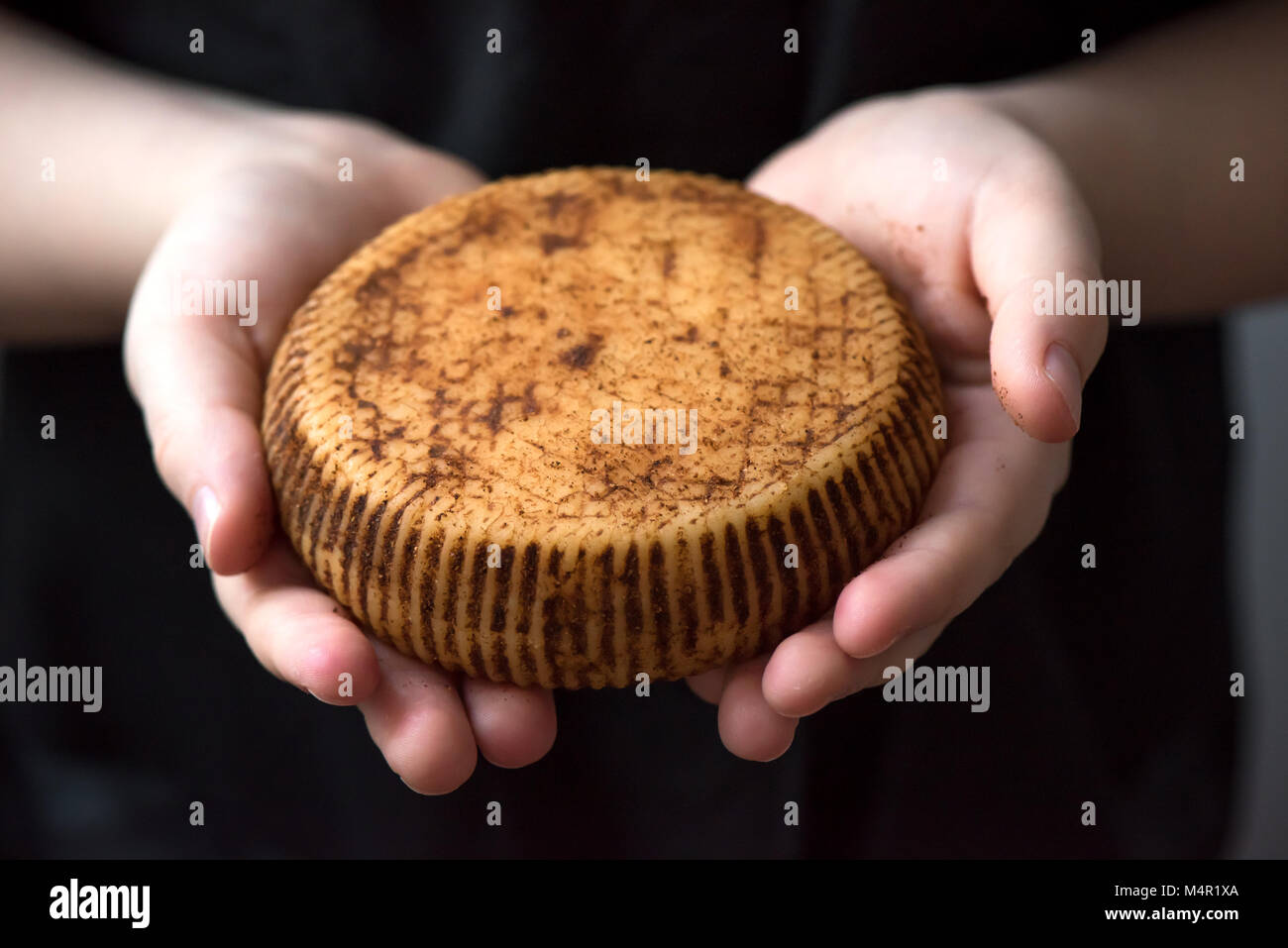 Rustico formaggio gourmet nelle mani del casaro, vicino. Condimento piccante fatto a mano il formaggio. Foto Stock