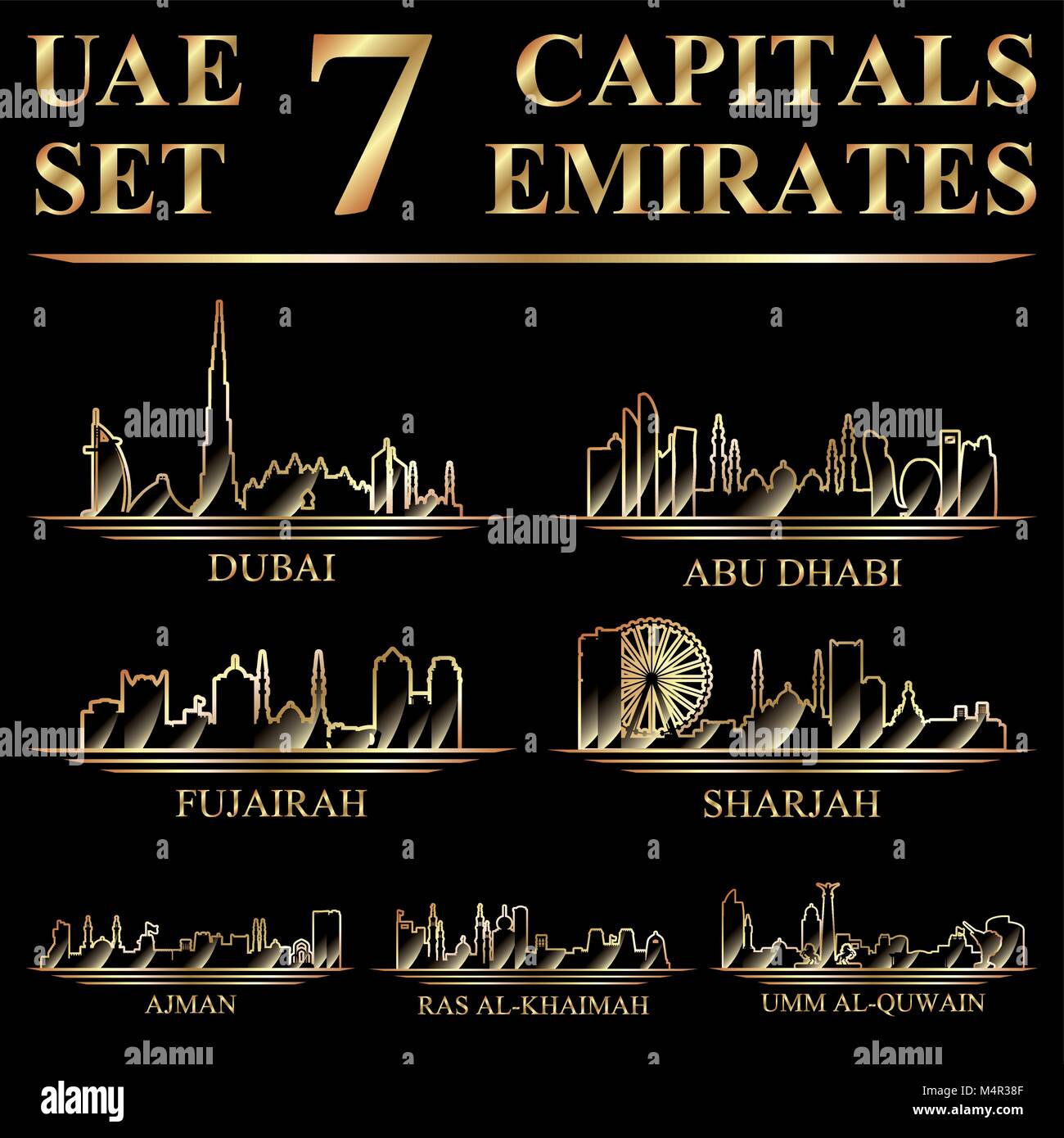 7 le città - le capitali degli Emirati Arabi Uniti, oro illustrazione vettoriale su sfondo nero. Illustrazione Vettoriale