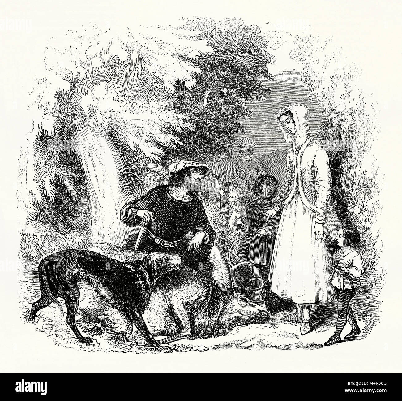 William di Cloudsley e sua moglie Alice e i bambini nel bosco nel XIV secolo - essi sono raffigurati dopo l uccisione di un addio al celibato. William di Cloudsley, insieme con Adam Bell e Clym del Clough vissuto nella foresta di Inglewood nelle vicinanze Carlisle, Cumbria ed erano il leggendario fuorilegge inglese - simile a Robin Hood della Foresta di Sherwood fama Foto Stock