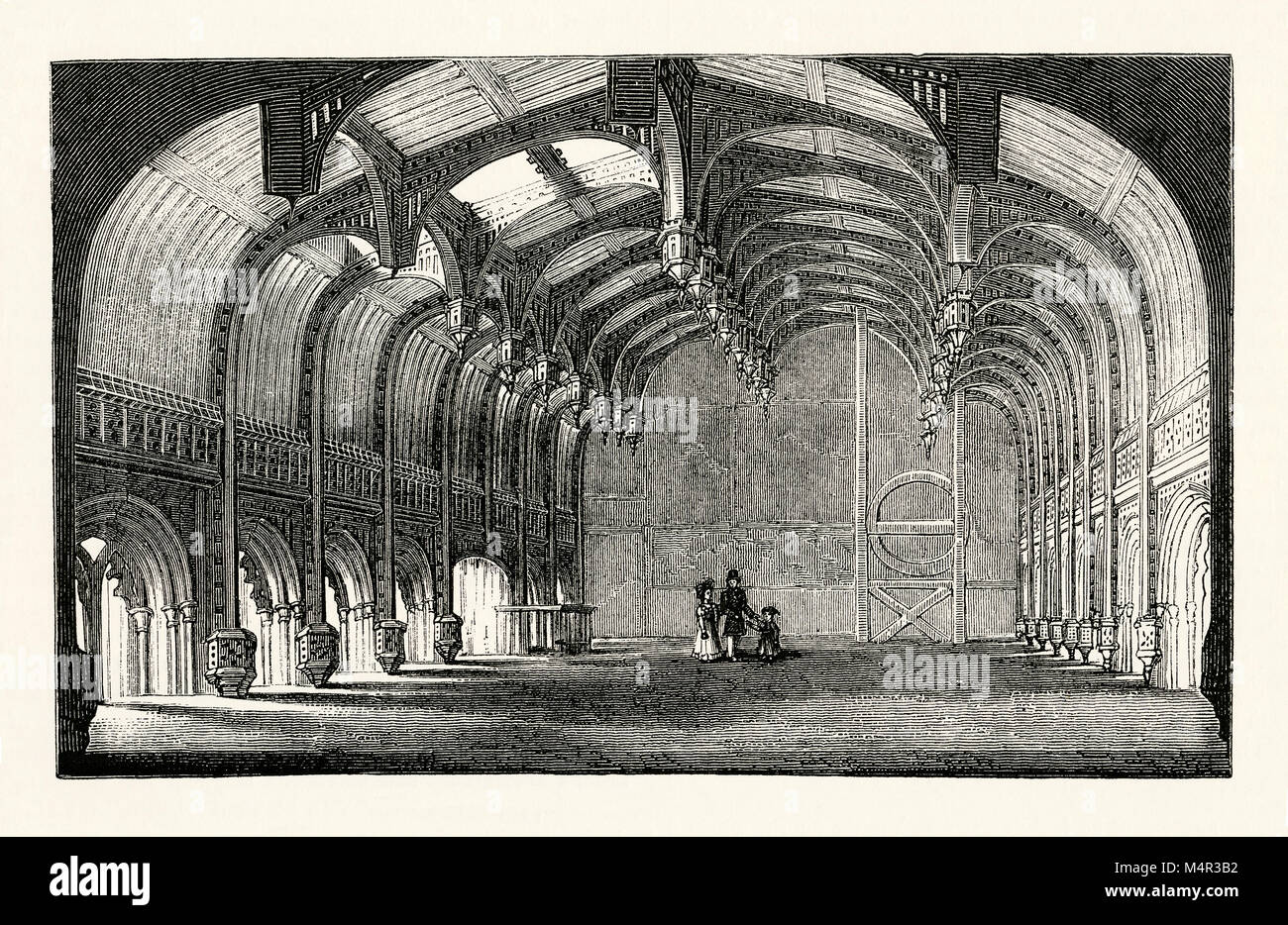 Una antica incisione che mostra l'impressionante interni con travi di legno della Sala Grande del Crosby Hall c. 1750. Questo storico edificio sorgeva originariamente in Bishopsgate, nella città di Londra. La sua grande Hall è stato costruito nel 1466 da Il Mercante di lana di Sir John Crosby. La grande Hall è stato spostato nel 1910 per la sua attuale sede in Cheyne Walk, Chelsea Foto Stock