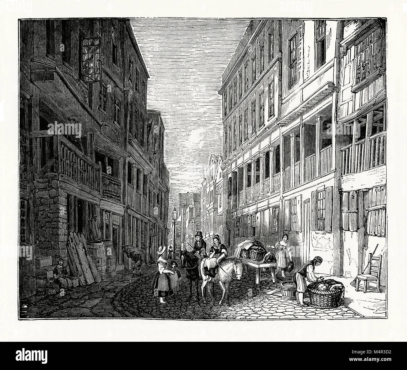 Un vecchio che mostra incisione Watergate Street, Chester. Chester è una città murata nel Cheshire, Inghilterra, sul fiume Dee, vicino al confine con il Galles. La strada contiene 'File'. Chester le righe sono costituiti da passaggi coperti al primo piano dietro la quale sono ingressi di negozi e altri locali. Al livello della strada si trova un altro, livello inferiore di negozi e altri locali commerciali Foto Stock