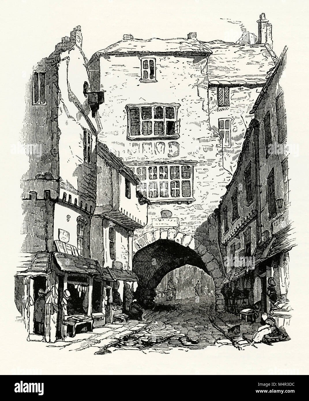 Una vecchia incisione del cancello nero al Castello, Newcastle, una fortificazione medievale nel centro di Newcastle upon Tyne, Inghilterra, costruito sul sito della precedente fortificazione che ha dato il nome alla città. Il cancello nero è stata l'ultima aggiunta alle difese. Si trattava di un passaggio arcuato, con ciò che si ritiene essere camere di guardia su entrambi i lati è stato il gatehouse Foto Stock