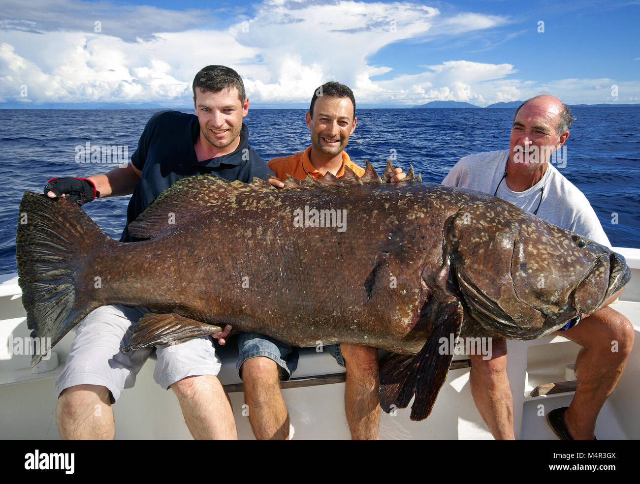 Felice pescatori tenendo un le cernie giganti. La pesca in mare profondo, Big game fishing, cattura di pesce Foto Stock
