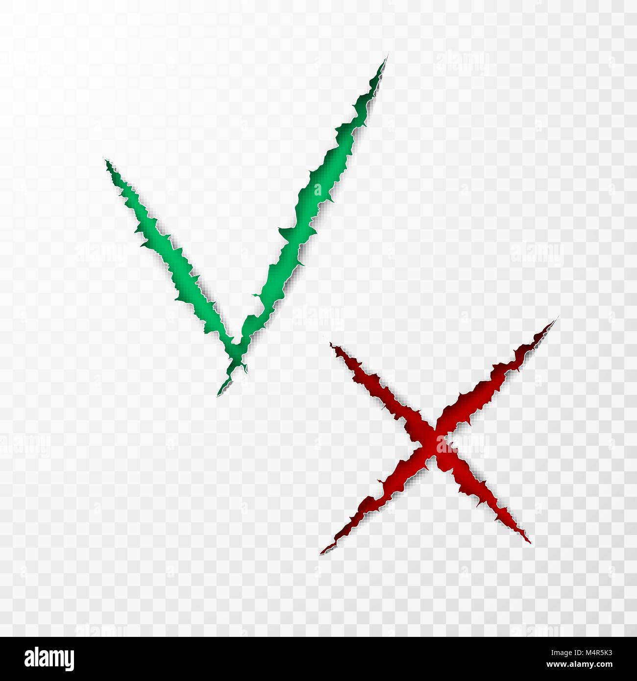Casella di controllo elenco di icone tick e croce verde e rosso e marchi sono di carta strappata strappato isolato su sfondo trasparente. Illustrazione Vettoriale Illustrazione Vettoriale