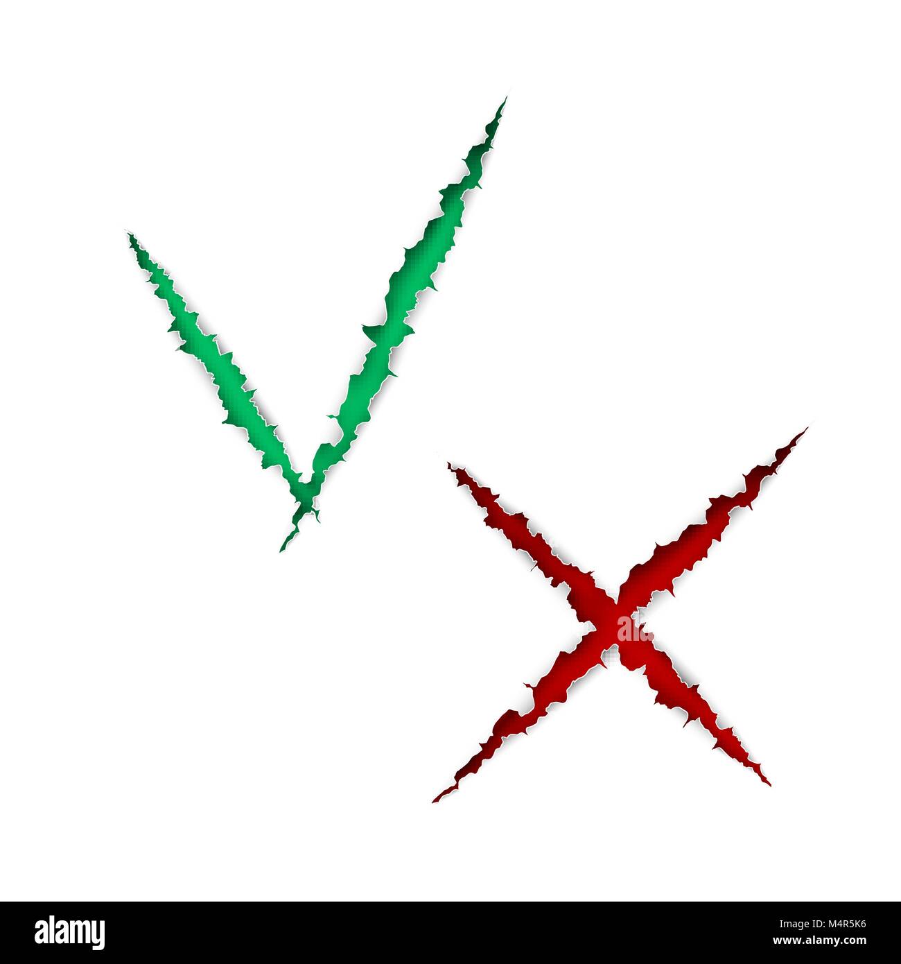 Casella di controllo elenco di icone tick e croce verde e rosso e marchi sono di carta strappata strappato isolati su sfondo bianco. Illustrazione Vettoriale Illustrazione Vettoriale