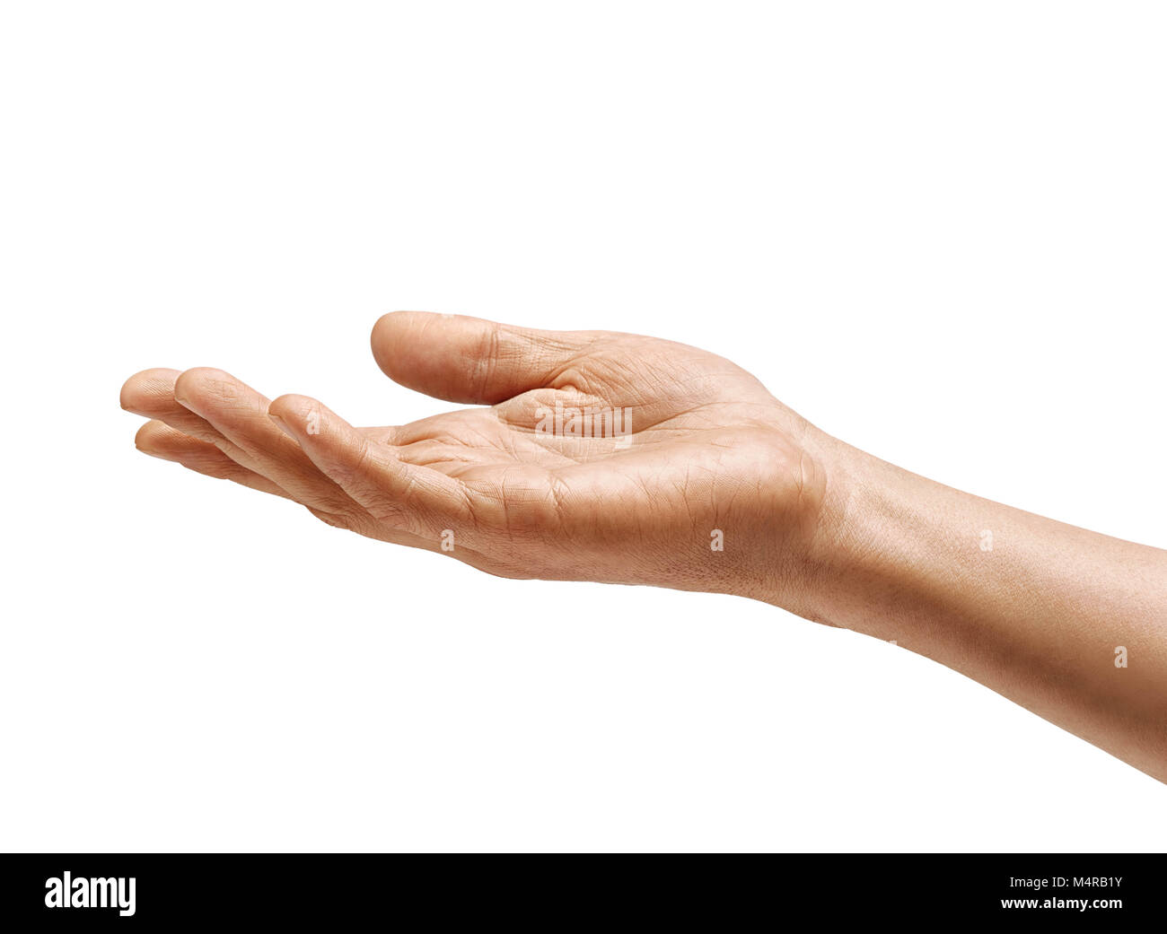 Mano d'uomo segno isolato su sfondo bianco. Palm, vicino. Alta risoluzione prodotto Foto Stock