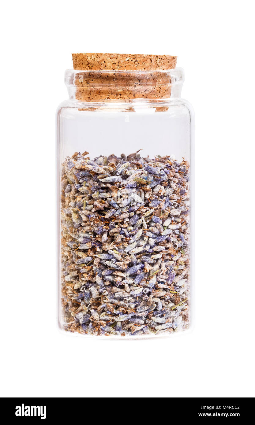 Secchi fiori di lavanda in una bottiglia con tappo di sughero per uso medico. Foto Stock