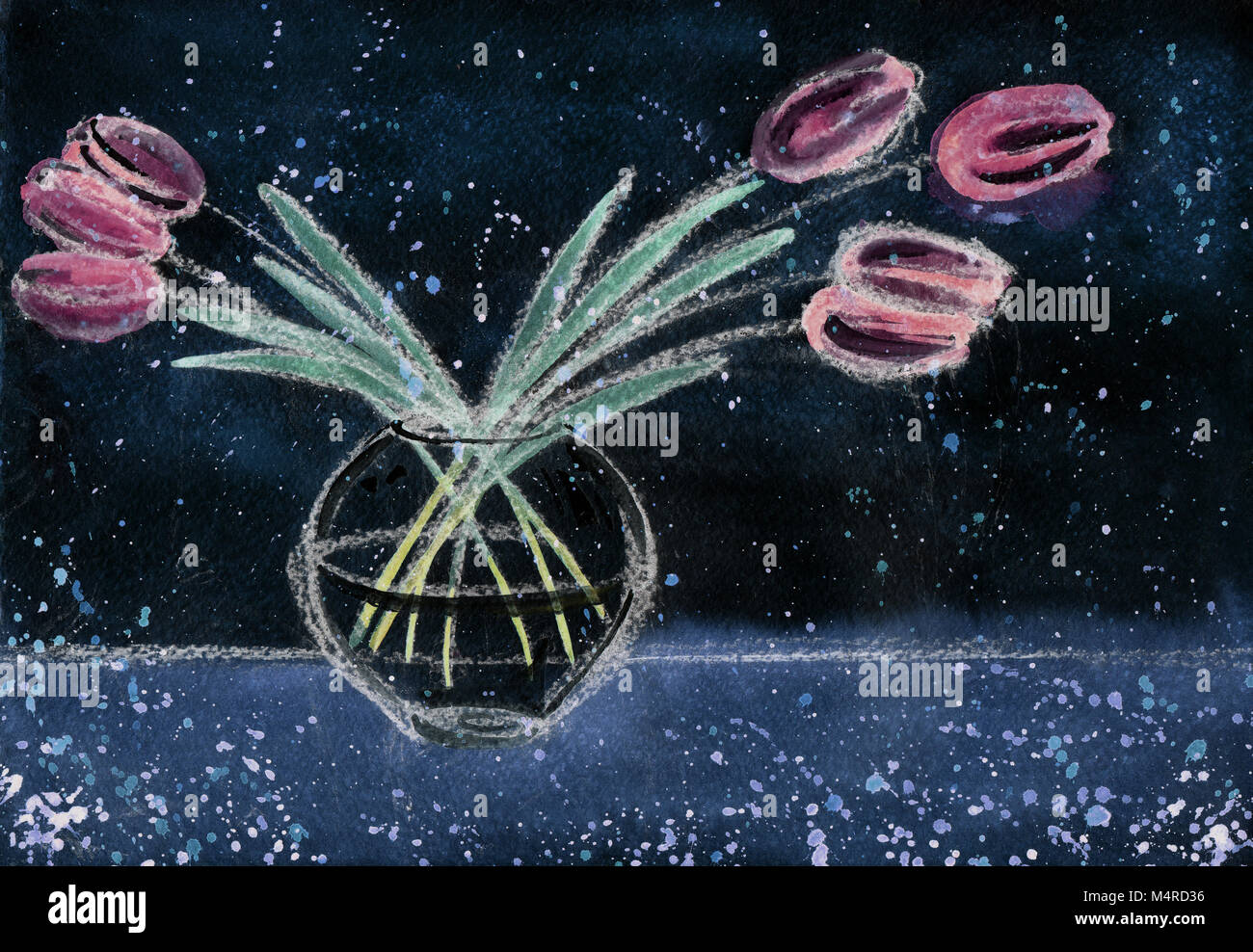 Sfondo con fiori, acquerello tulipani in un vaso Foto Stock