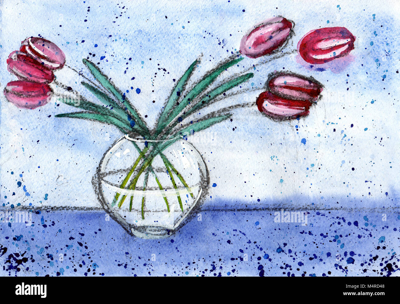 Sfondo con fiori, acquerello tulipani in un vaso Foto Stock