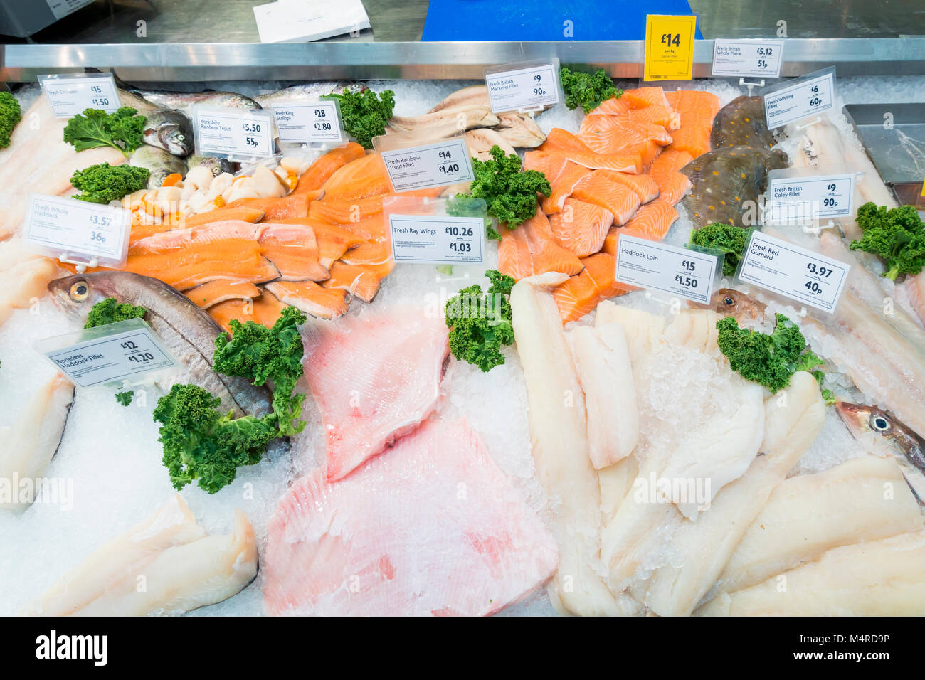 Visualizzazione di pesce fresco su un contatore di supermercati con prezzi 2018 Foto Stock