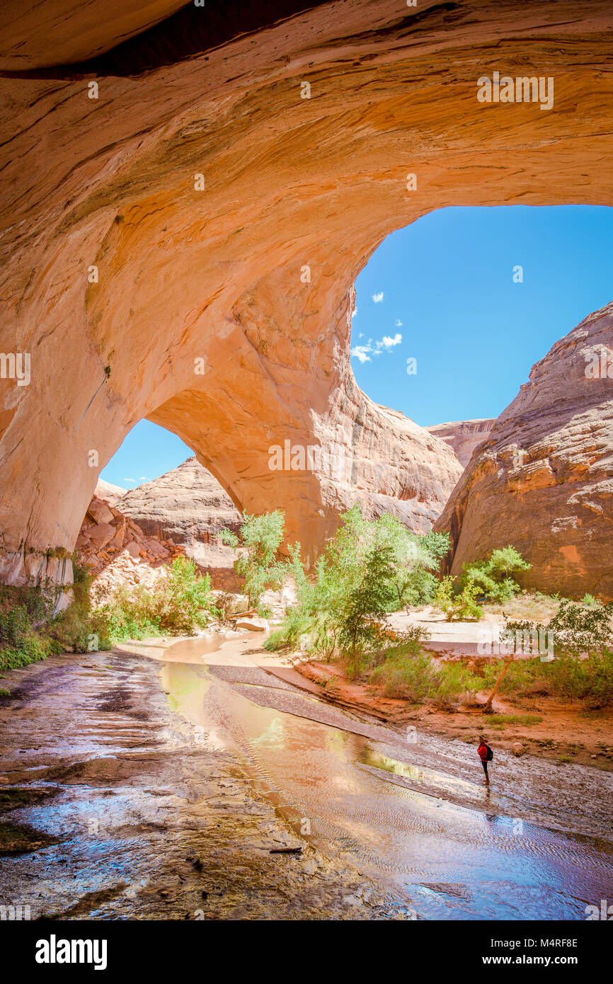 Ampio angolo di visione di un escursionista backpacking sotto splendide Jacob Hamblin Arch in Coyote Gulch, la grande scala - Escalante monumento nazionale, Utah, Stati Uniti d'America Foto Stock