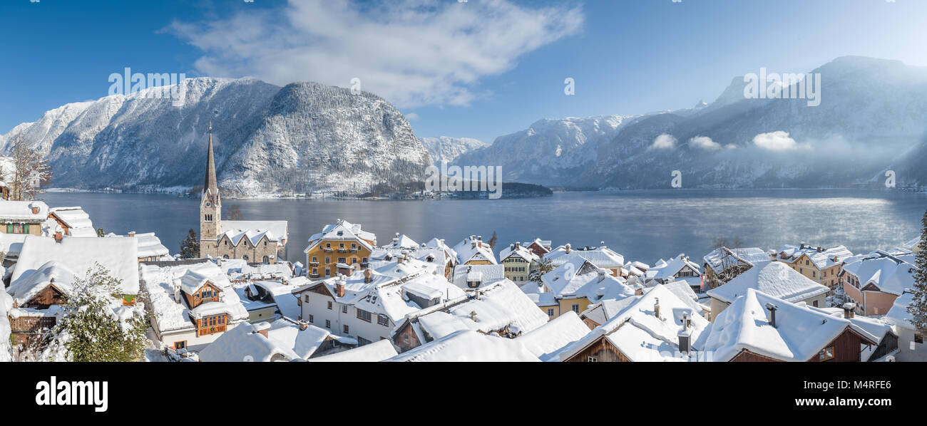 Hallstatt tetti vista in inverno, Salzkammergut, Austria Foto Stock