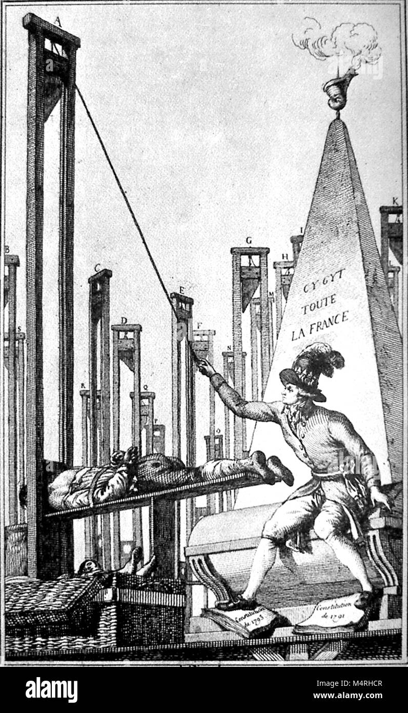 Cartone animato che mostra Robespierre guillotining il carnefice dopo aver ghigliottinato chiunque altro in Francia. Maximilien François Marie Isidore de Robespierre (1758 - 1794) avvocato francese e uomo politico, nonché uno dei più noti e più figure influenti associato con la Rivoluzione Francese Foto Stock