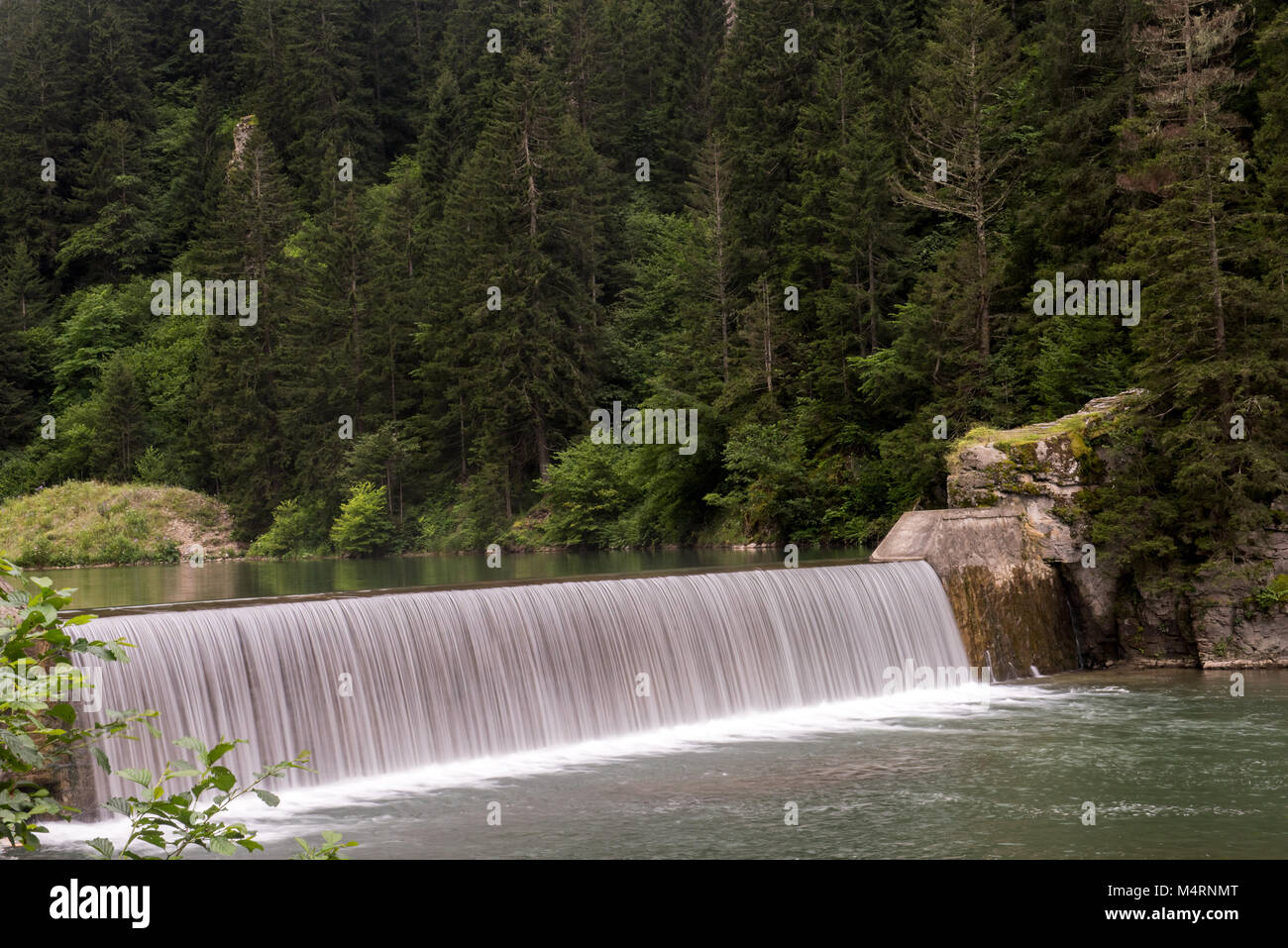 Si tratta di una splendida fotografia paesaggistica di una piccola cascata circondata da una fitta foresta di alberi sempreverdi. L'acqua fluisce pacificamente. Foto Stock