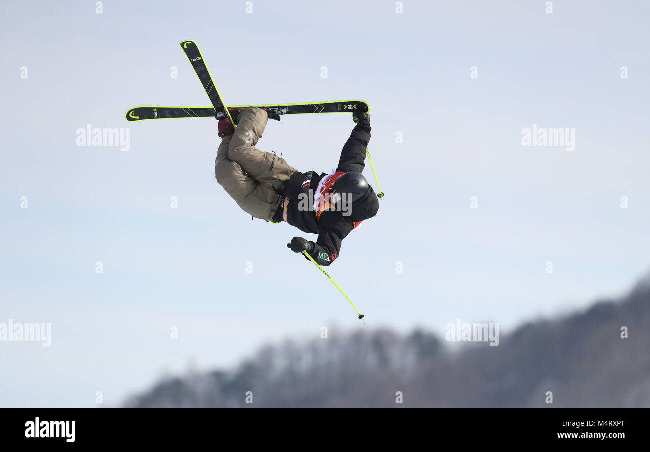 Robert messicano franco durante il percorso 2 nella uomini Sci Sci Slopestyle al Pheonix Snow Park durante il giorno nove del PyeongChang 2018 Giochi Olimpici Invernali in Corea del Sud. Foto Stock