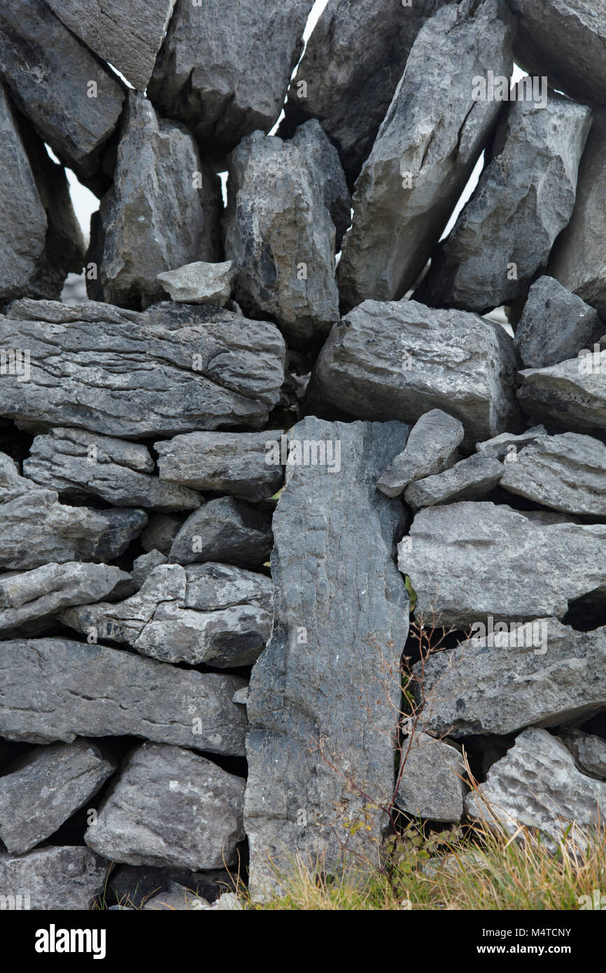 Dettaglio di un tradizionale in pietra a secco a parete, Burren, County Clare, Irlanda. Foto Stock