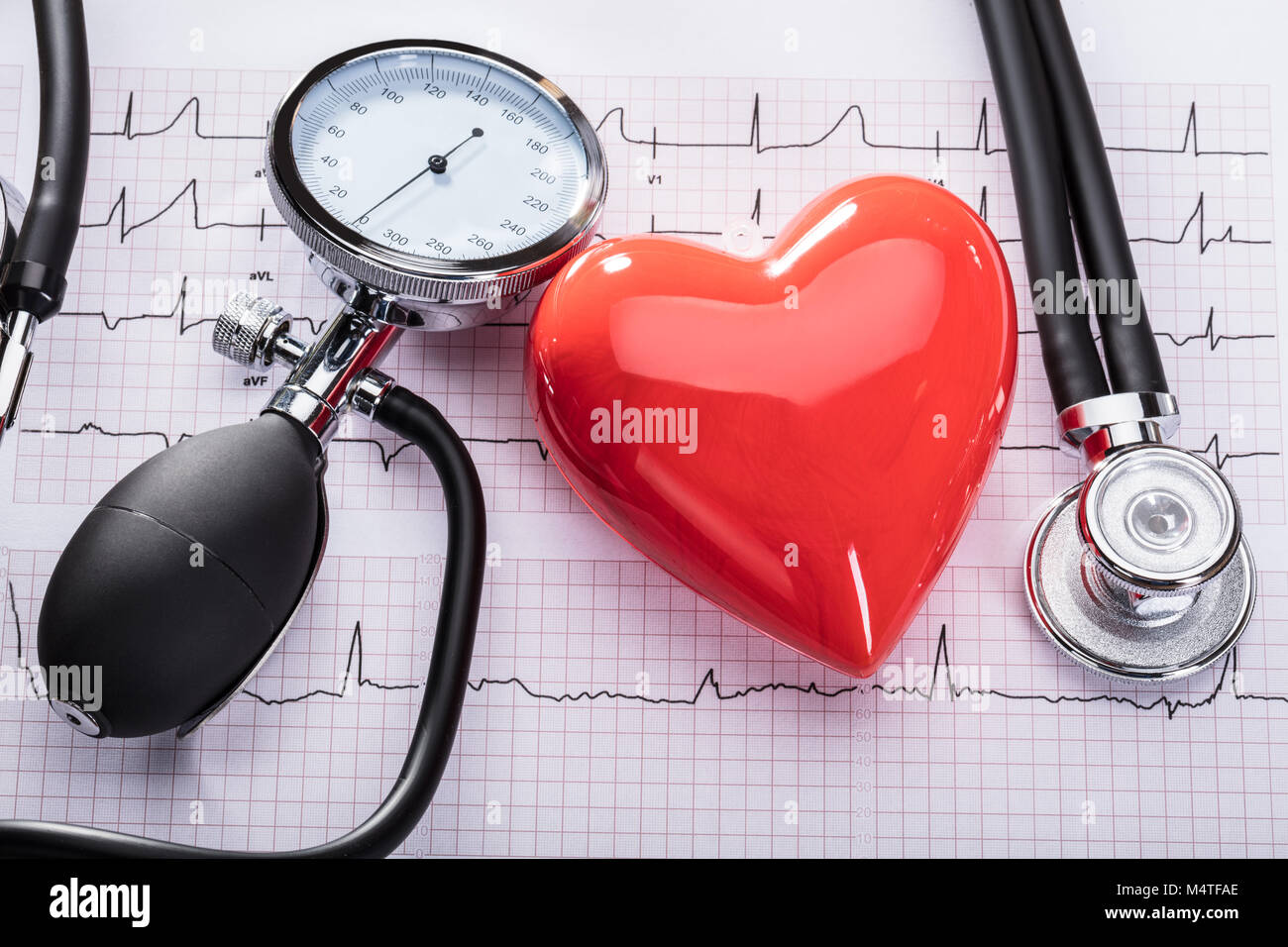 Cardiogram del battito cardiaco con uno stetoscopio sfigmomanometro e cuore Foto Stock