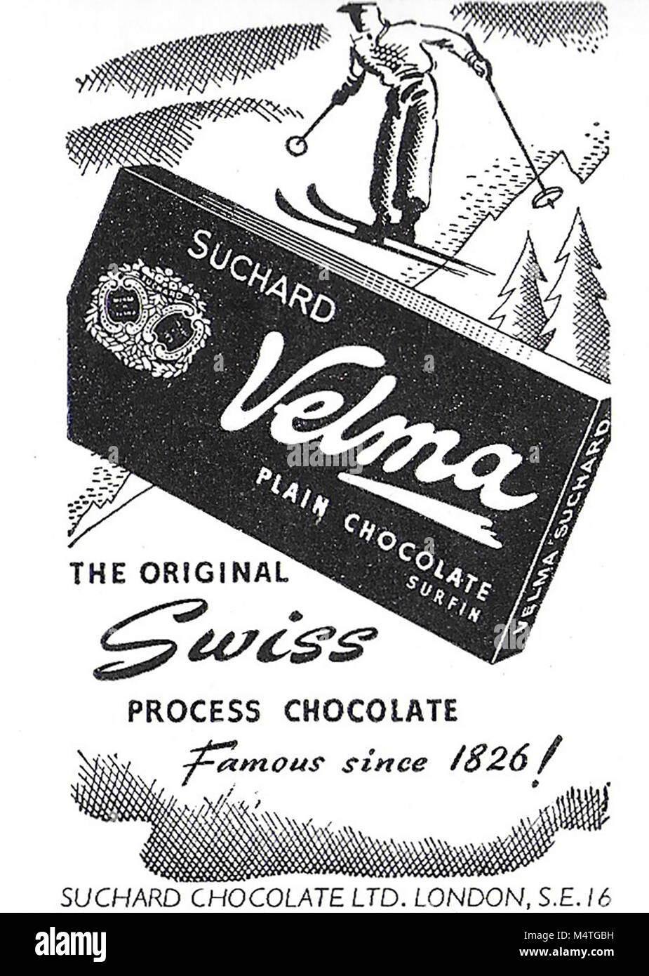 Suchard Velma cioccolato svizzero annuncio, pubblicità nel paese di vita magazine UK 1951 Foto Stock