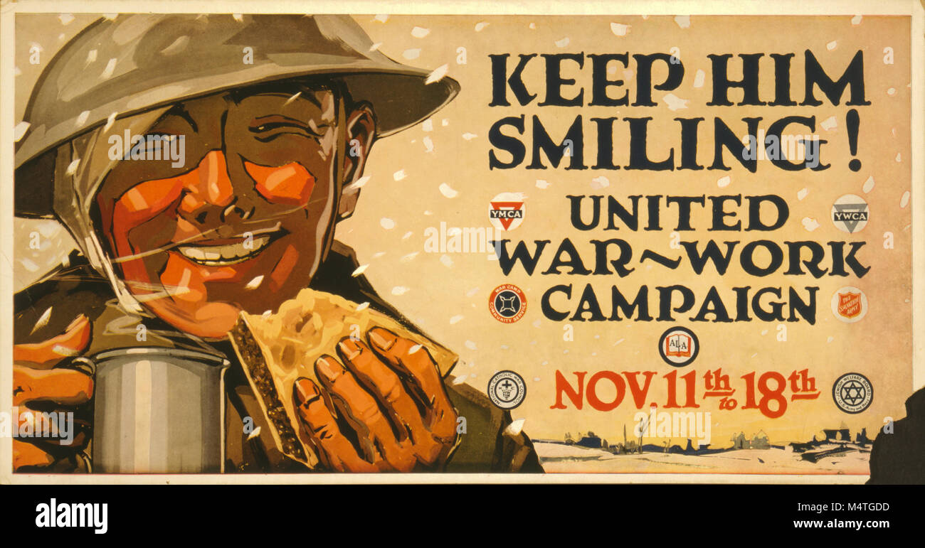 La prima guerra mondiale la propaganda americana poster "tenere lui sorridendo' uniti guerra campagna di lavoro Foto Stock