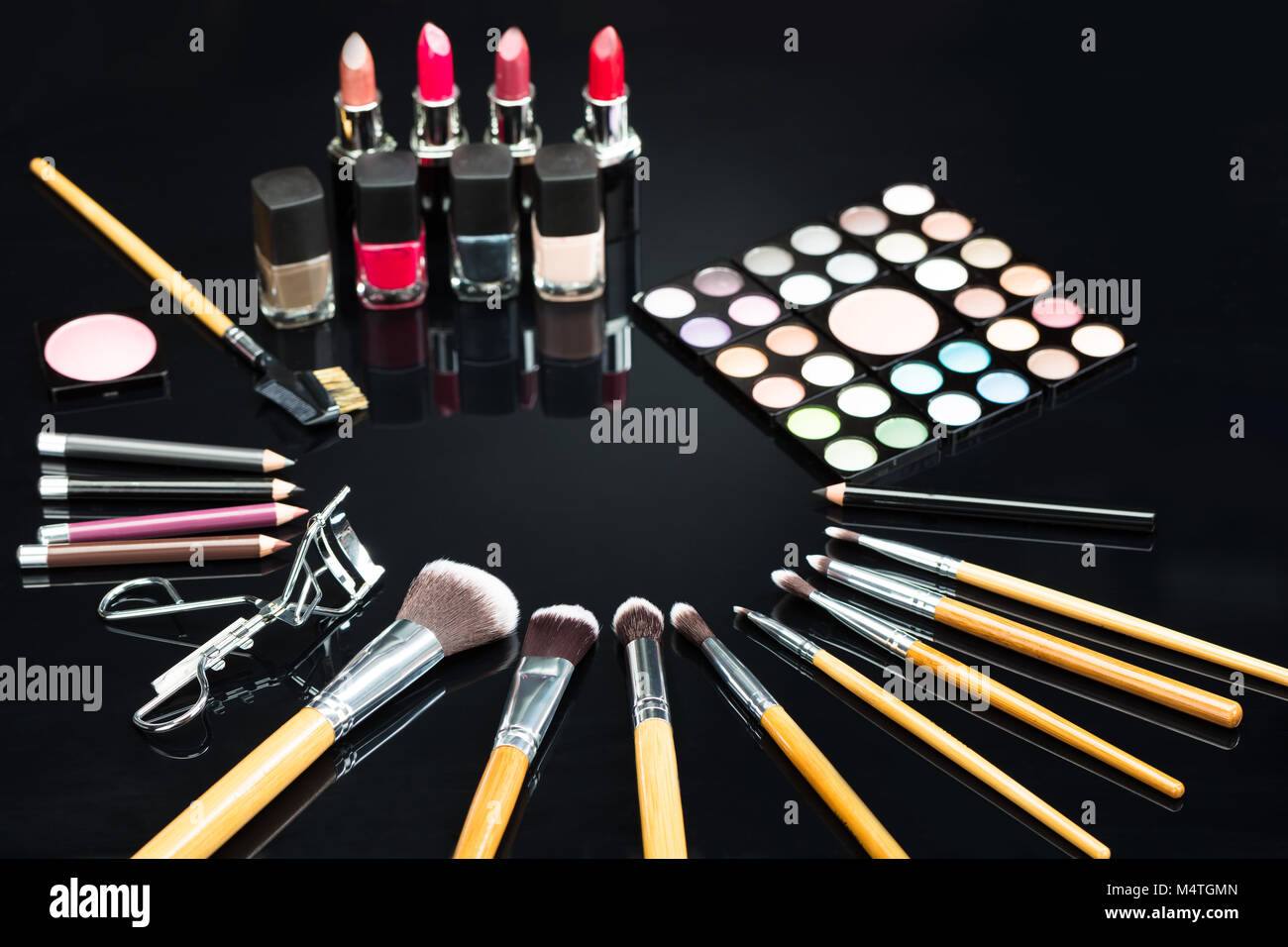 Professional Pennelli per il trucco e Make-up Prodotti impostato su sfondo nero Foto Stock