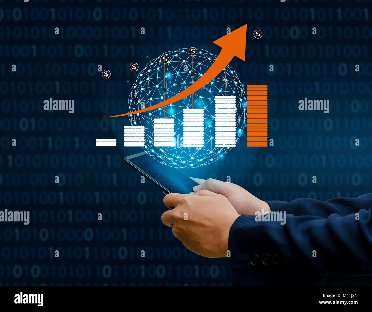 Grafico della crescita finanziaria delle comunicazioni globali Binary Smart Phone e il mondo Internet Business persone premere il tasto telefono per comunicare in Internet S Foto Stock
