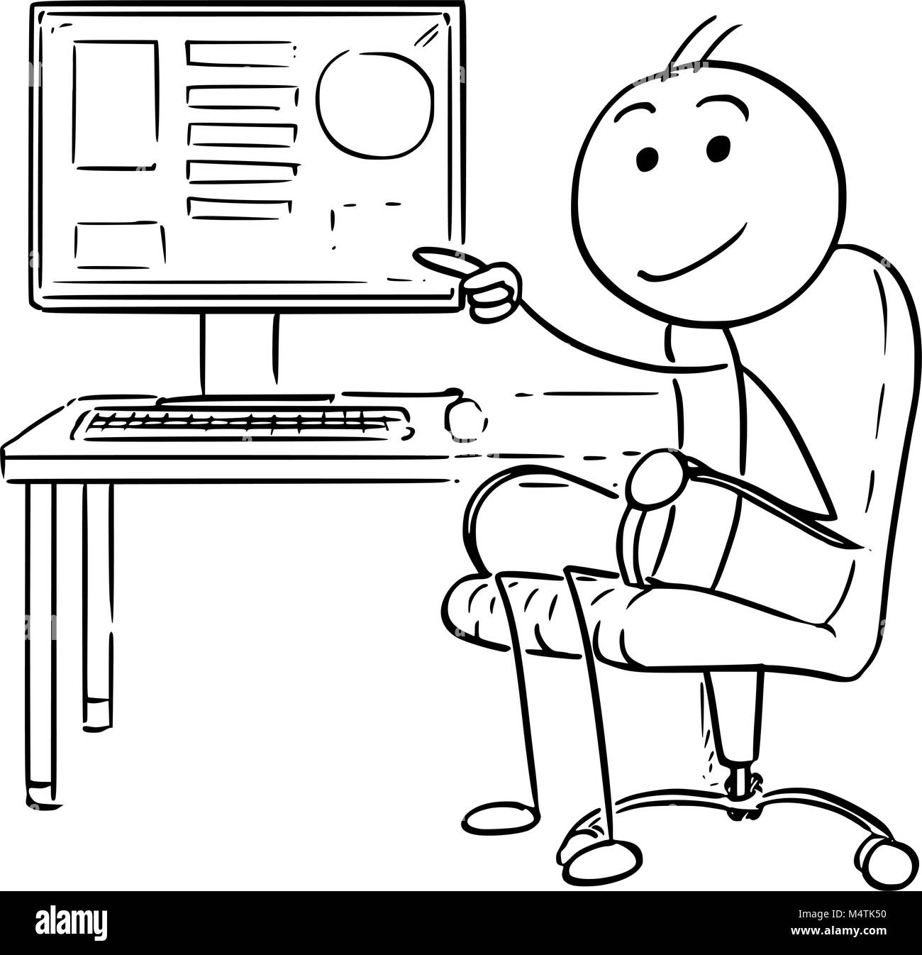 Cartoon di imprenditore puntando sullo schermo del computer Illustrazione Vettoriale