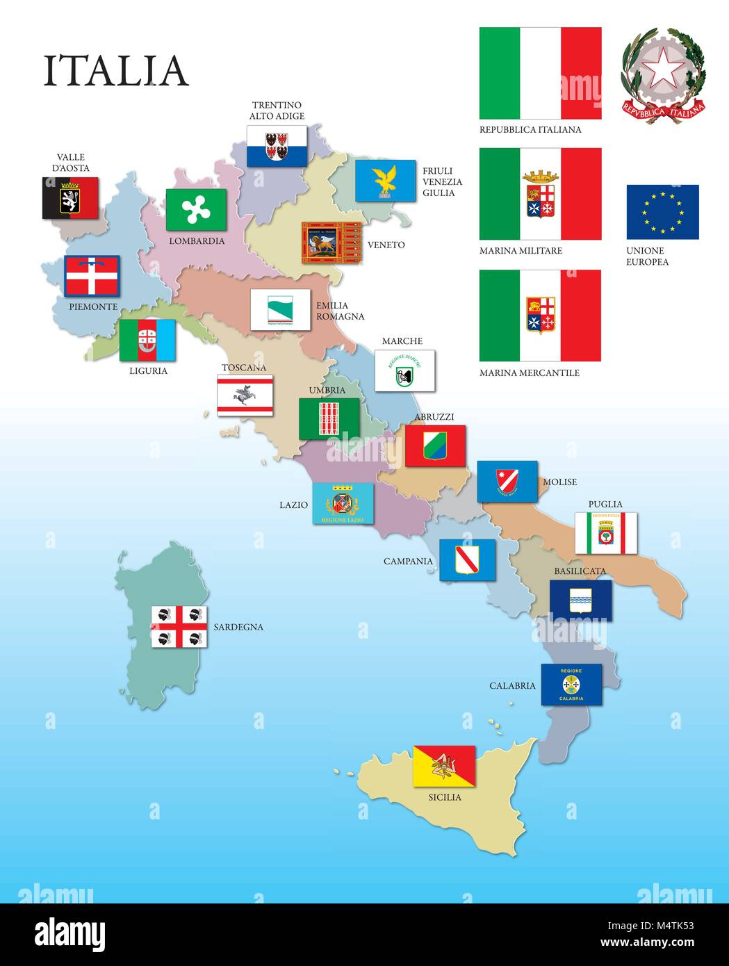 L'Italia, mappa e regioni con le bandiere Illustrazione Vettoriale