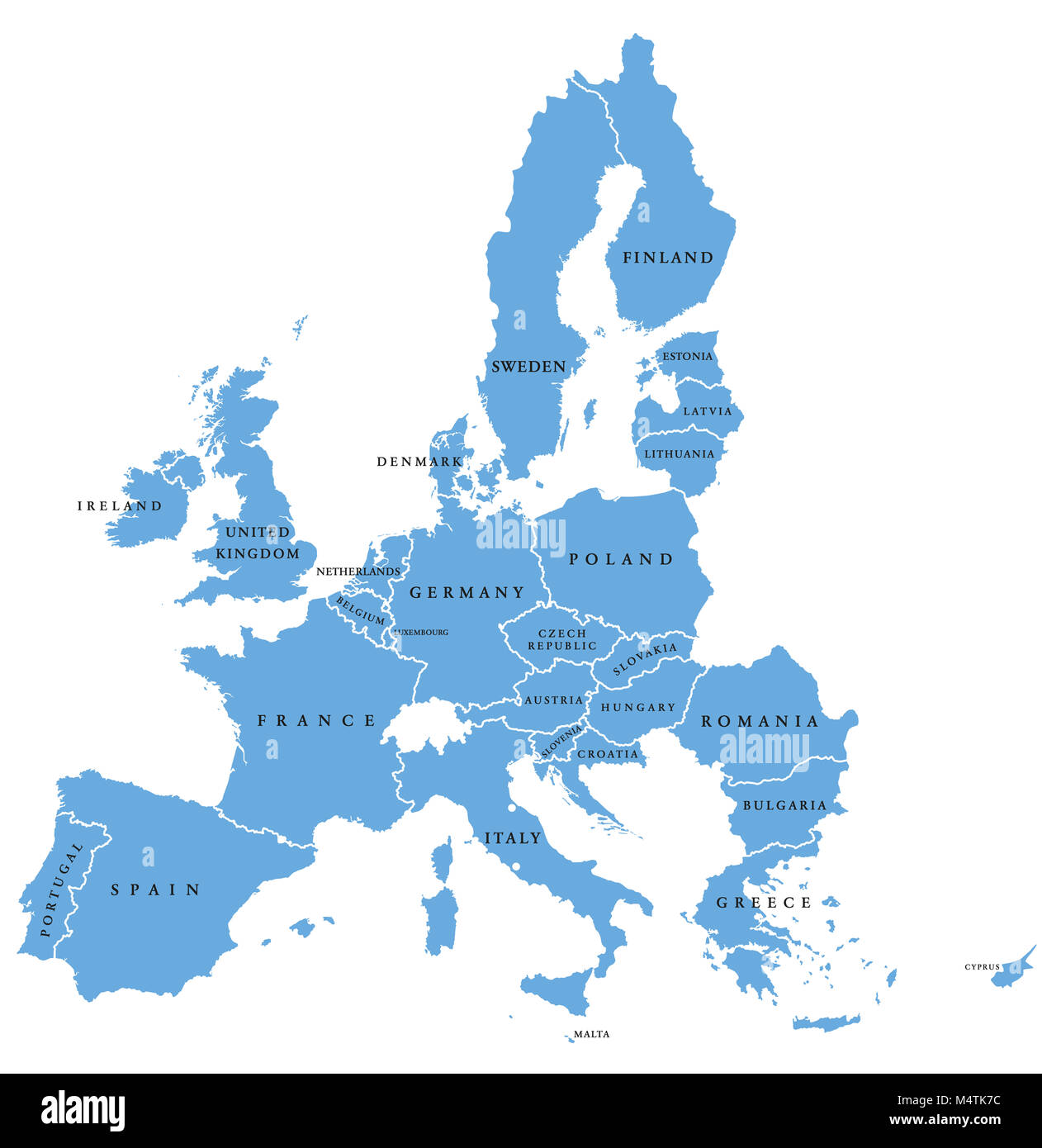 Unione Europea, isolato su sfondo bianco, con tutti i singoli paesi e etichetta inglese. Tutti i 28 Stati membri dell'UE, colorato in blu. Foto Stock