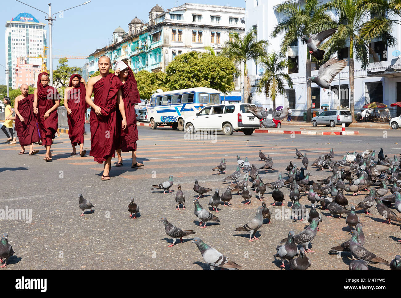 Le persone che attraversano le strade con i piccioni battenti in Yangon MYANMAR Birmania Foto Stock