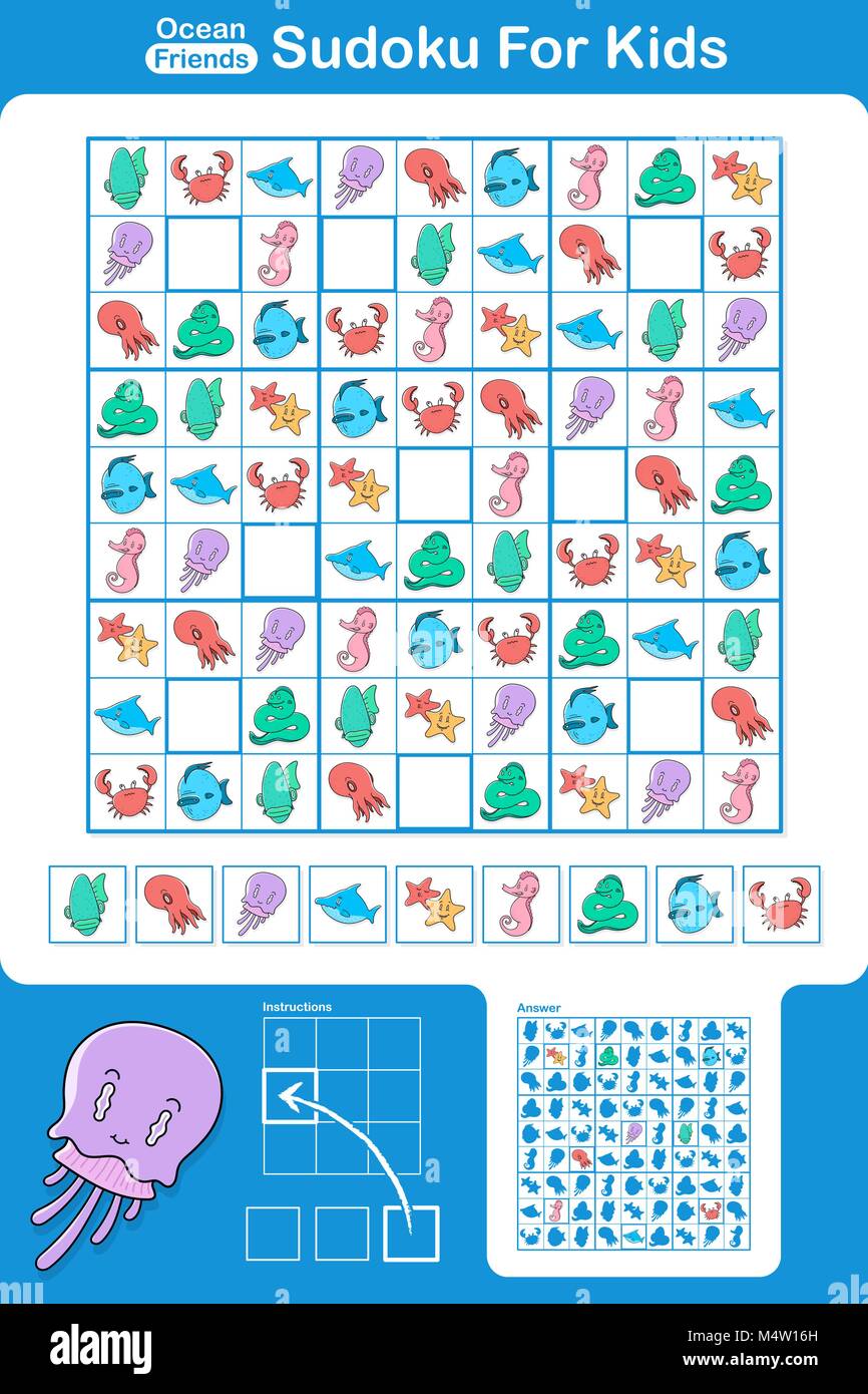 Ocean amici educational puzzle Sudoku per bambini con divertenti immagini di creature del mare Illustrazione Vettoriale