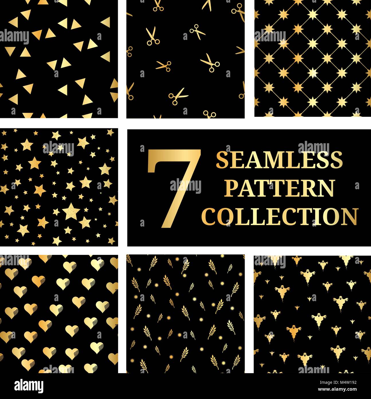 Set di 7 oro pattern seamless collection. Stella d'oro seamless pattern. Triangoli seamless. Cuori di oro senza giunture. Forbici di oro senza giunture. Mare di Halloween Illustrazione Vettoriale