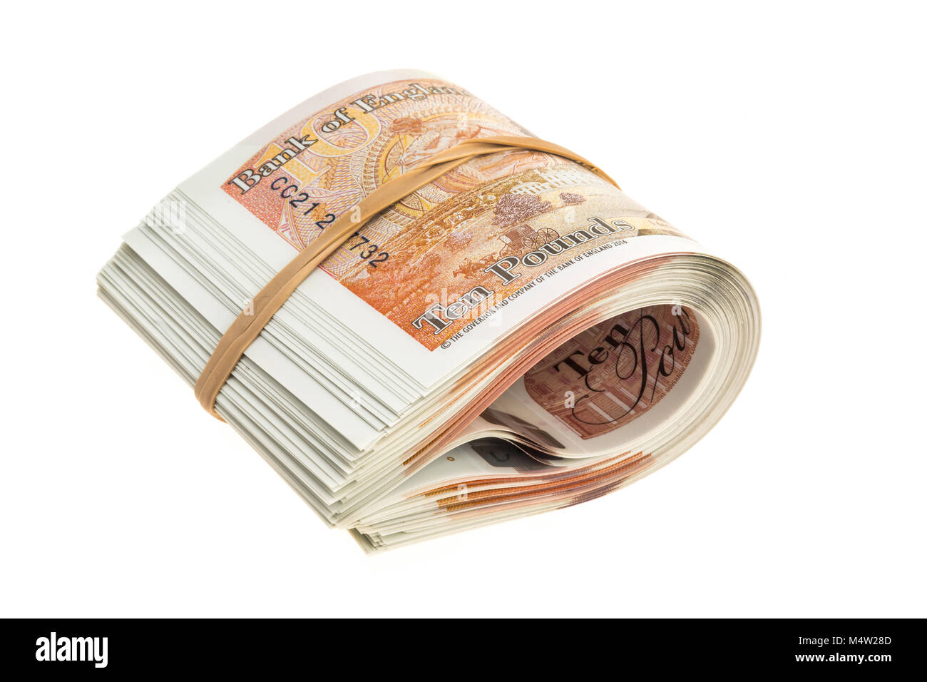 Una borra di UK dieci libbre banconote - studio shot con uno sfondo bianco Foto Stock